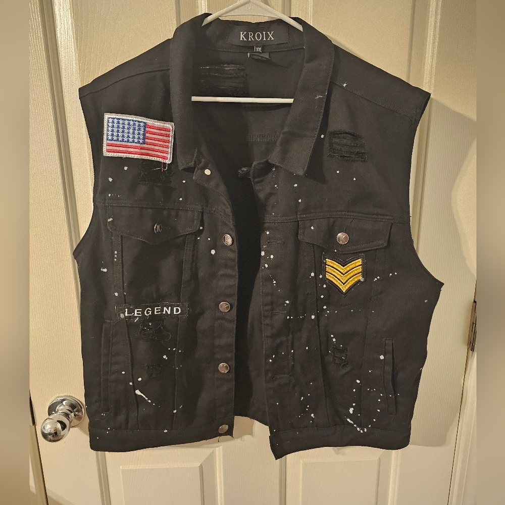 Military Style Kroix Black Distressed Vest With White Spatter Denim Size XXL